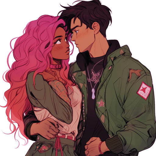 Teen Titans couple embracing with colorful background.