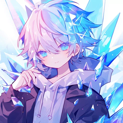 Anime boy profile picture with blue crystal background.
