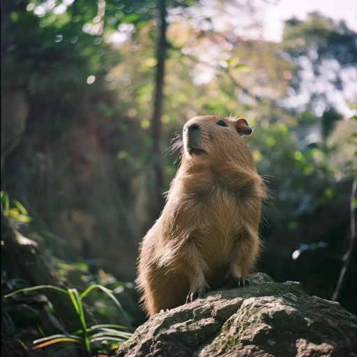 Capybara profile picture basking in sunlight on a rock amidst lush greenery.