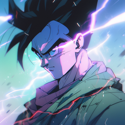Gohan in retro 80s anime style with muted colors.