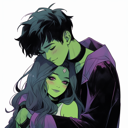 Teen Titans couple, Beast Boy and Raven, in a colorful profile picture (pfp).