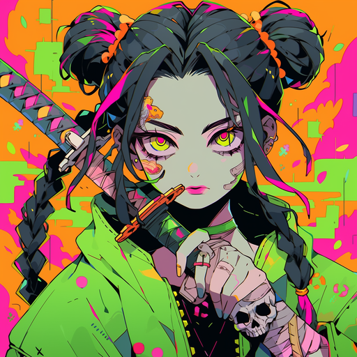 A colorful pop art avatar of a girl inspired by Mitsuri from Demon Slayer anime.