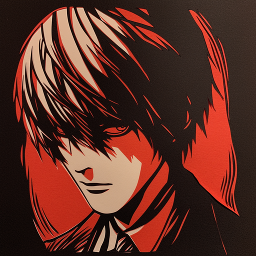 Light Yagami, a character from the anime Death Note, depicted in a woodcut style.