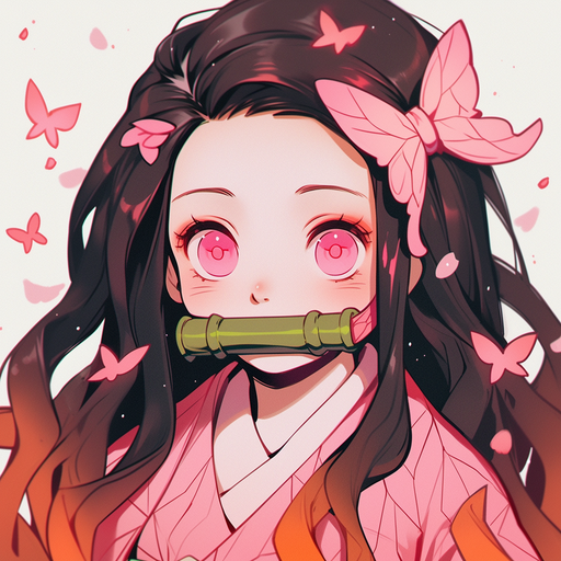 Smiling Nezuko Kamado with pink hair and cute expression.