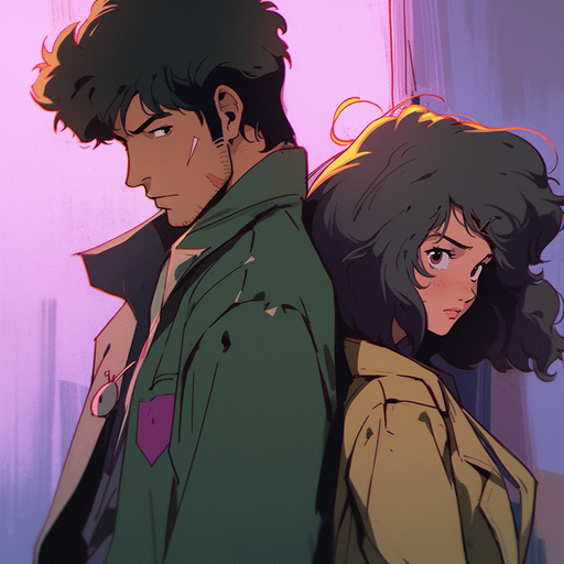 Couple standing together, Spike and Julia, from Cowboy Bebop anime.