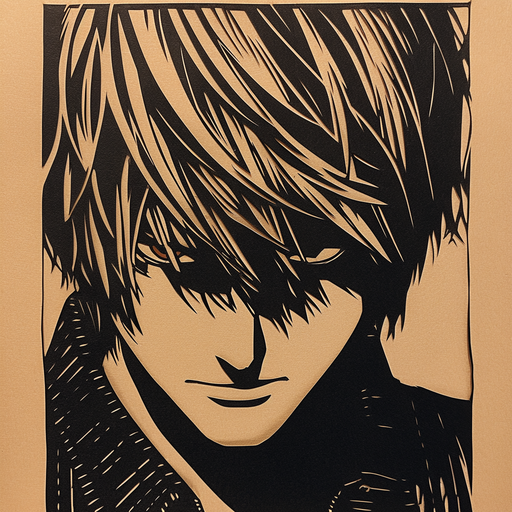 Light Yagami, the main character from the anime Death Note, portrayed in a woodcut printing style.