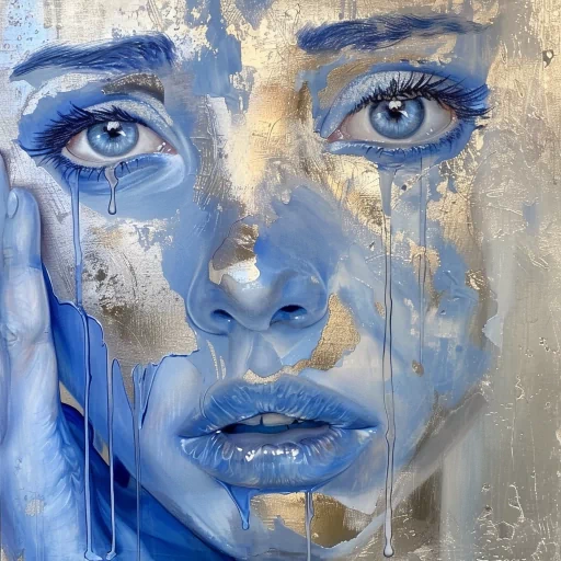 Emotional crying avatar with blue tears streaming down a painted face for a profile picture.
