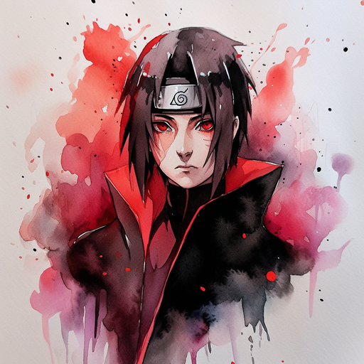 Watercolor portrait of Itachi Uchiha in profile with vibrant colors and flowing brushstrokes.
