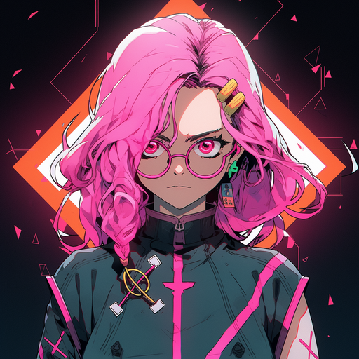 Pink-haired anime character with an intense expression, wearing a white and pink outfit against a vibrant synthwave background.