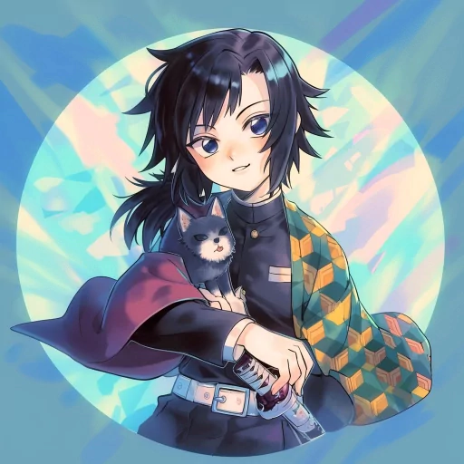 Illustrated avatar of a stylized character in traditional attire holding a small cat, with an abstract pastel background, ideal for a Giyu-themed profile picture.