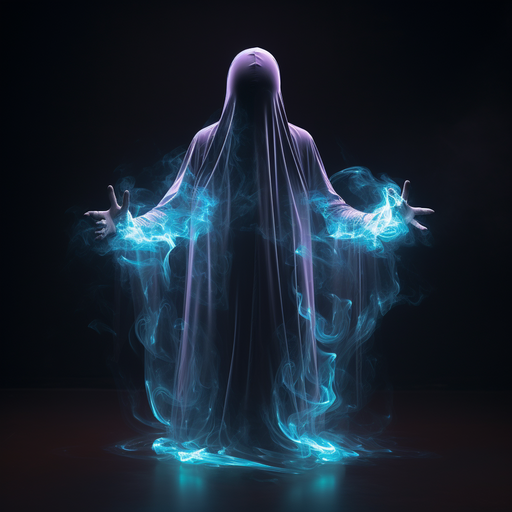 Dancing hologram ghost with atmospheric lights on a dark background