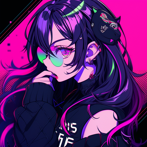 Grunge-inspired profile picture showcasing Mitsuri from the anime Demon Slayer in a neon synthwave style.