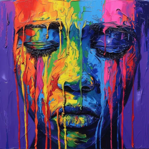 Colorful abstract crying face avatar with dripping paint aesthetic for profile photo.