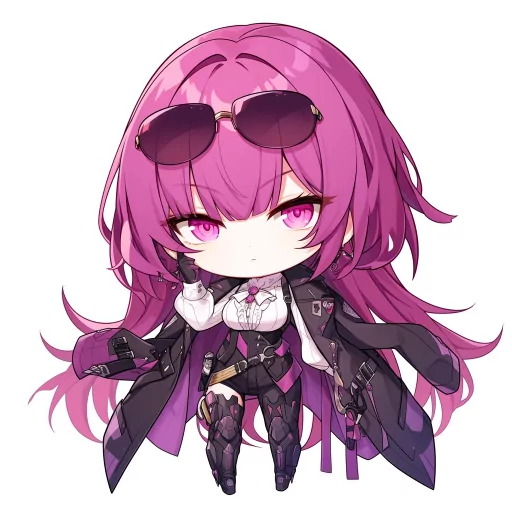 Anime-style Kafka profile picture featuring a character with vibrant pink hair and striking purple eyes, wearing sunglasses and detailed dark clothing, ideal for use as an avatar or personal profile image.