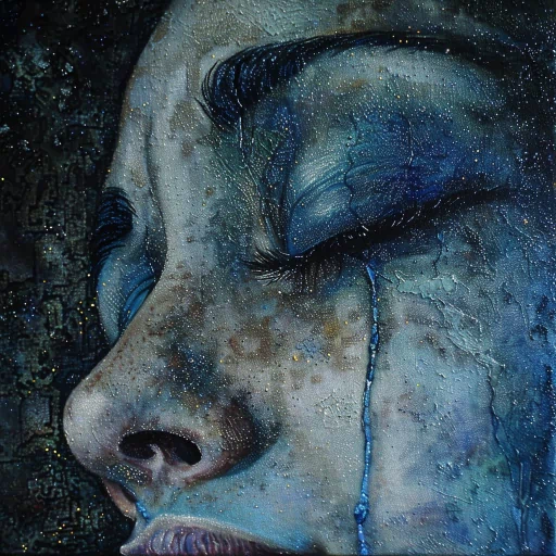 Close-up of a profile picture featuring an artistic representation of a crying face with teardrops, set against a textured background.