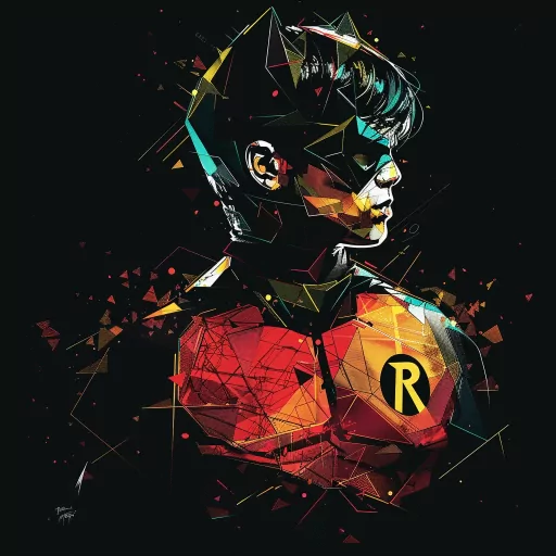 Stylized digital art of Robin as a profile picture with a geometric, abstract design on a dark background.