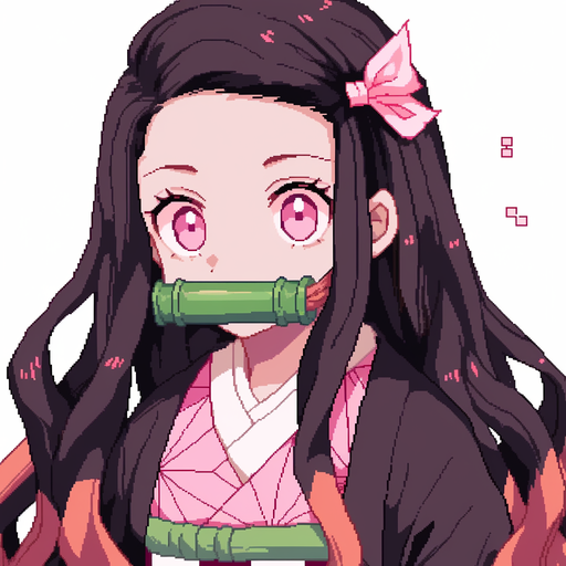 Nezuko, a pixel art depiction from the anime Demon Slayer.