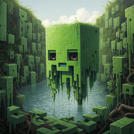 Pixelated Minecraft character with a Creeper face.