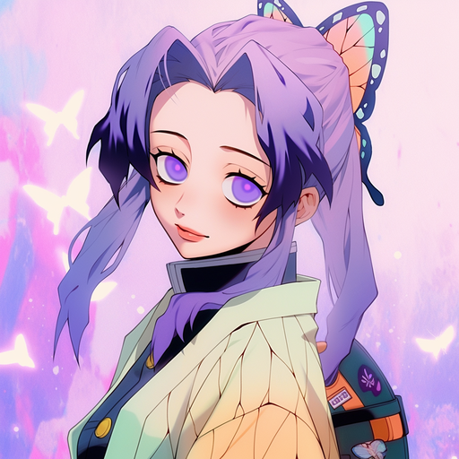 Smiling girl with glasses wearing a butterfly-shaped hairpin, purple hair, and a black outfit.