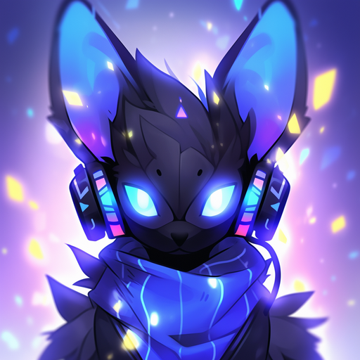 Colorful robotic avatar with feline-like features and glowing neon accents.