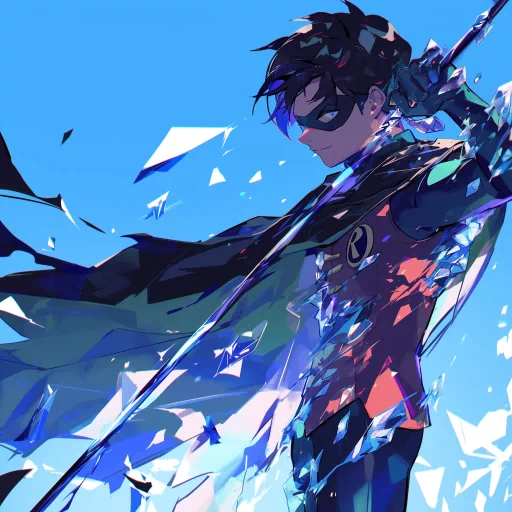 Dynamic Robin avatar featuring a stylized character with a cape and emblem, set against a vivid blue abstract background for a profile picture.