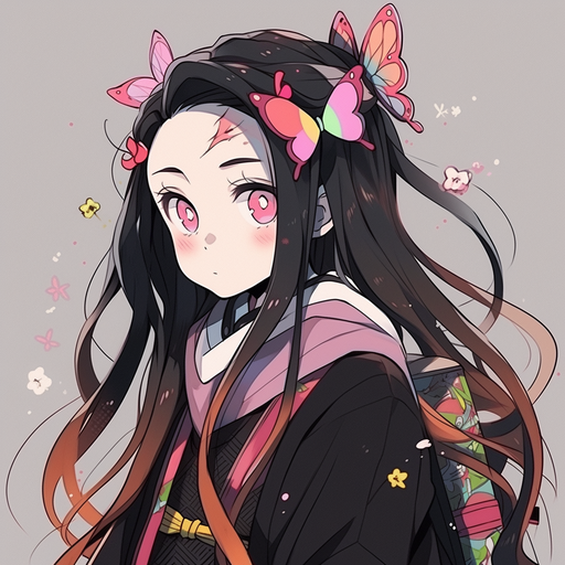 Nezuko wearing modern clothes with a rainbow background.