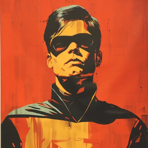 Stylized profile picture of a person dressed as Robin with a vibrant red background.