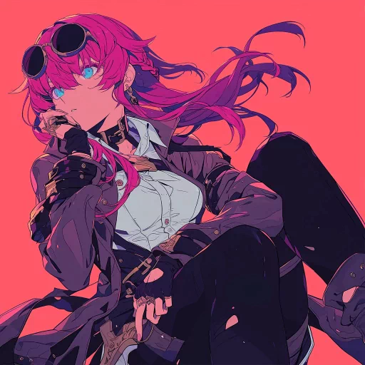 Stylized anime-inspired avatar featuring a character with pink hair and blue eyes, goggles on their head, against a vibrant pink background for a Kafkaesque profile image.