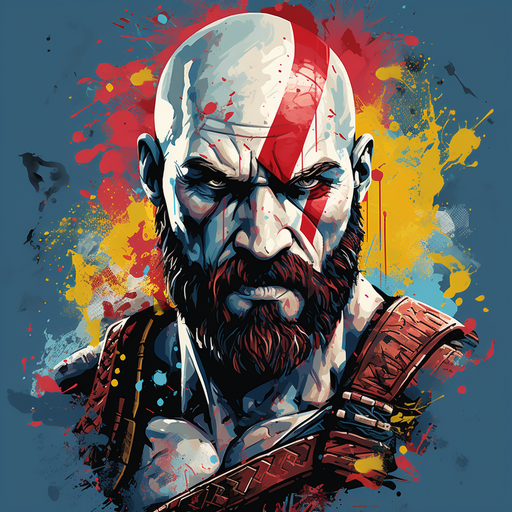 Kratos, a pop art illustration with bold colors.