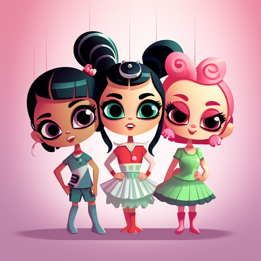 Three adorable cartoon characters in the style of The Powerpuff Girls.