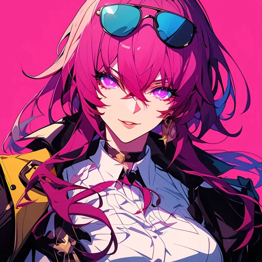 Stylish anime avatar with vibrant pink background featuring a female character with pink hair and sunglasses for a Kafka-themed profile picture.