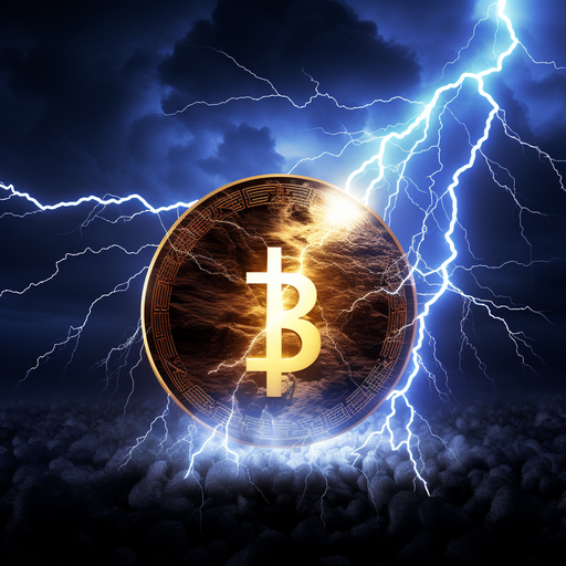 Bitcoin logo in blue and orange colors with a lightning bolt symbol in the center.