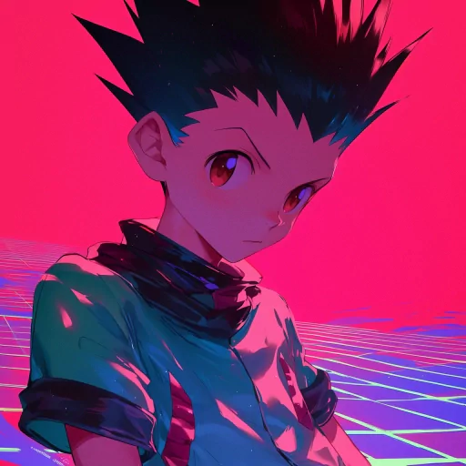 Vibrant avatar image of an anime-style character with spiky hair against a neon pink and blue grid background for a profile picture.