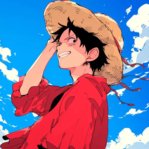 Cartoon avatar of a smiling character with black hair wearing a straw hat and a red shirt, set against a blue sky with white clouds.