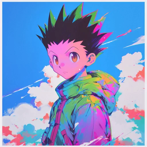 Colorful avatar of a spiky-haired anime character with a vibrant abstract background for a profile photo.