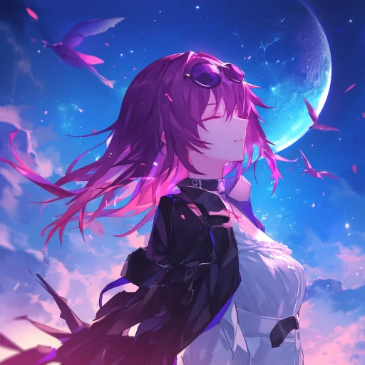 Anime-style avatar with a character sporting purple hair and sunglasses against a moonlit sky, suitable for use as a profile picture or Kafka-themed PFP.
