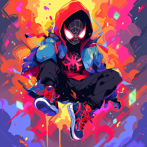 Spiderman pixel art pfp with a vibrant, multicolored design inspired by Spider-Man: Into the Spider-Verse.