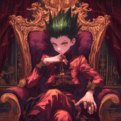 Illustration of a stylized avatar depicting a character with spiky green hair sitting on a lavish throne, exuding a regal and confident aura, suitable for a profile picture.