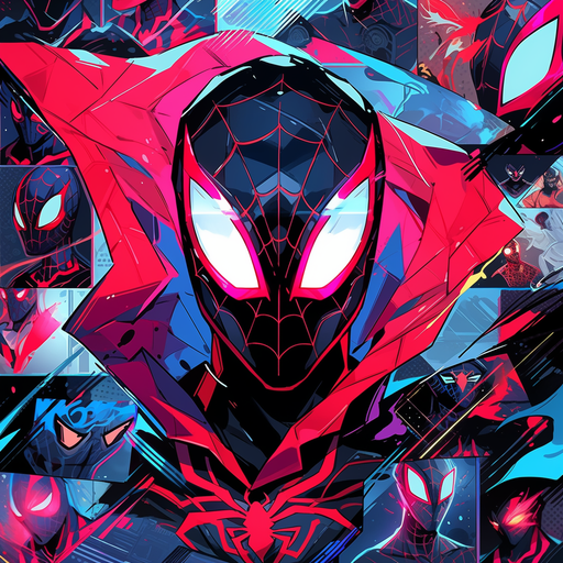 Spiderman 2099 in vibrant colors, soaring through the city.