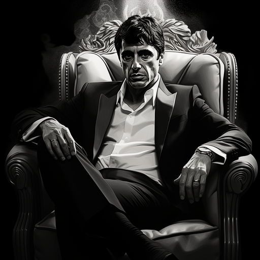 Scarface headshot in black and white.