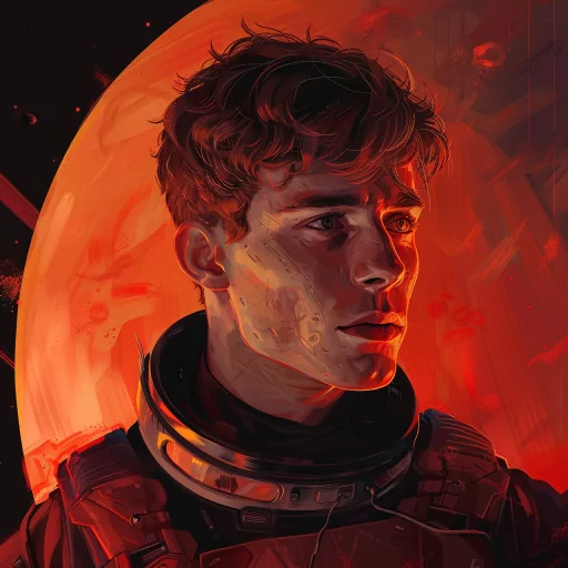 Illustrated male avatar with a space suit, featuring a detailed portrait against a fiery orange backdrop, ideal for a profile photo.