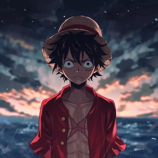 Profile picture of an anime character resembling Luffy from One Piece with a straw hat, against a dramatic ocean sunset backdrop.