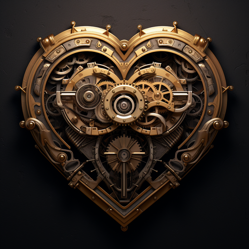 Futuristic steam-punk heart symbol with gears and pipes.