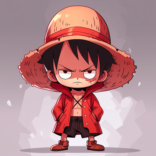 Luffy in chibi style with a determined expression, wearing his iconic straw hat.