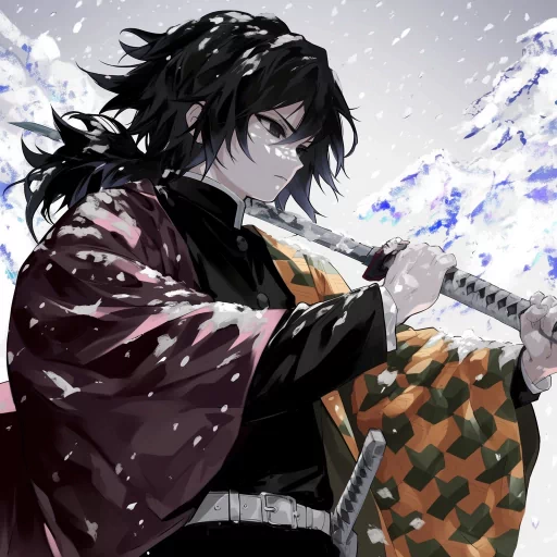 Anime-style profile picture of a character resembling Giyu with a sword, wearing a kimono with a snow backdrop.