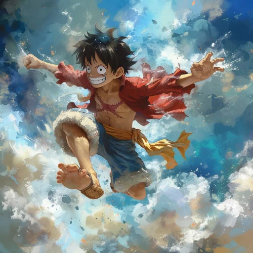 Animated Luffy profile picture with dynamic pose against a painterly blue background.