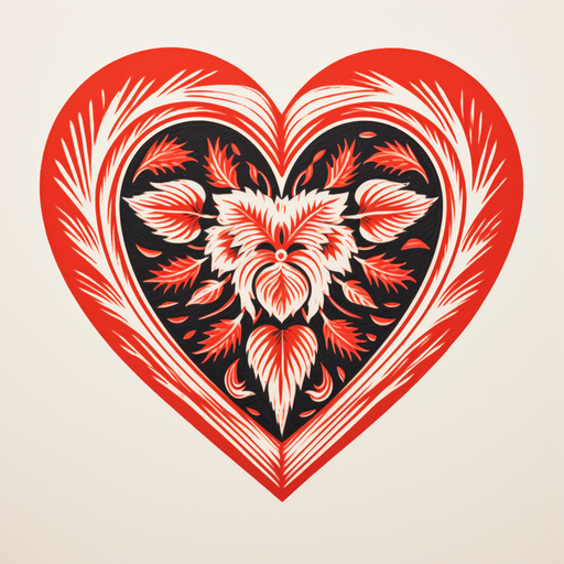 Heart-shaped litograph in shades of red and pink.