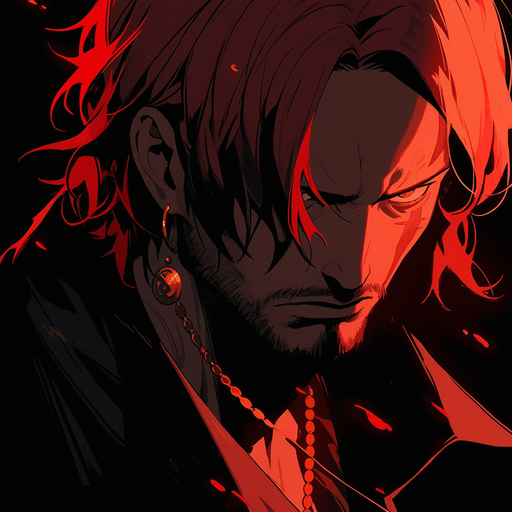 Monochrome portrait of Shanks from One Piece with deep red borders.