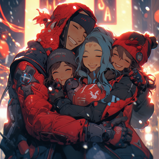 Cyberpunk family surrounded by vibrant Christmas decorations.