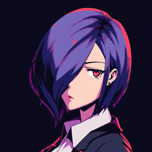 Touka Kirishima from Tokyo Ghoul, wearing a mask and red hair in a pixel art style.
